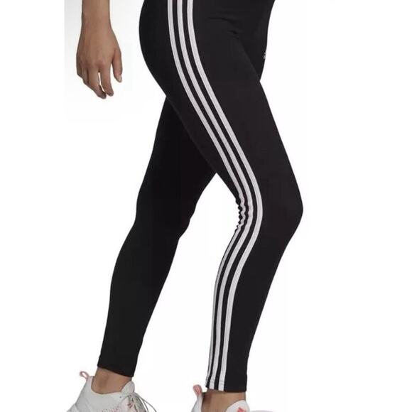 Women's Adidas Black White 3 Stripe Leggings Full Length Small Athleisure Track - Picture 2 of 9